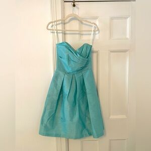 Alfred Sung aqua strapless bridesmaid dress